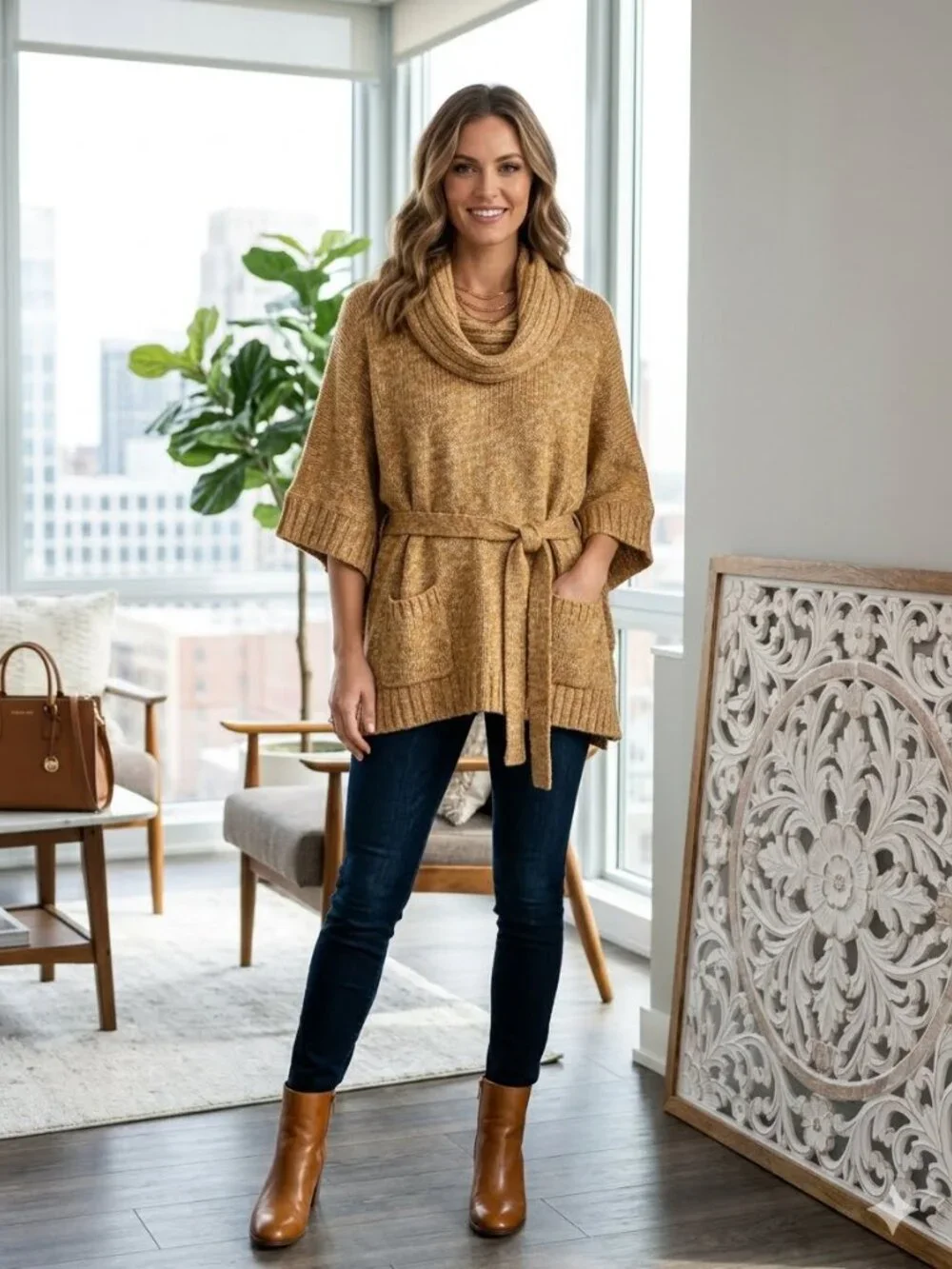 Michael Kors Belted Cowl Neck Poncho Sweater - Pockets & Ribbed Trim sz L/XL EUC